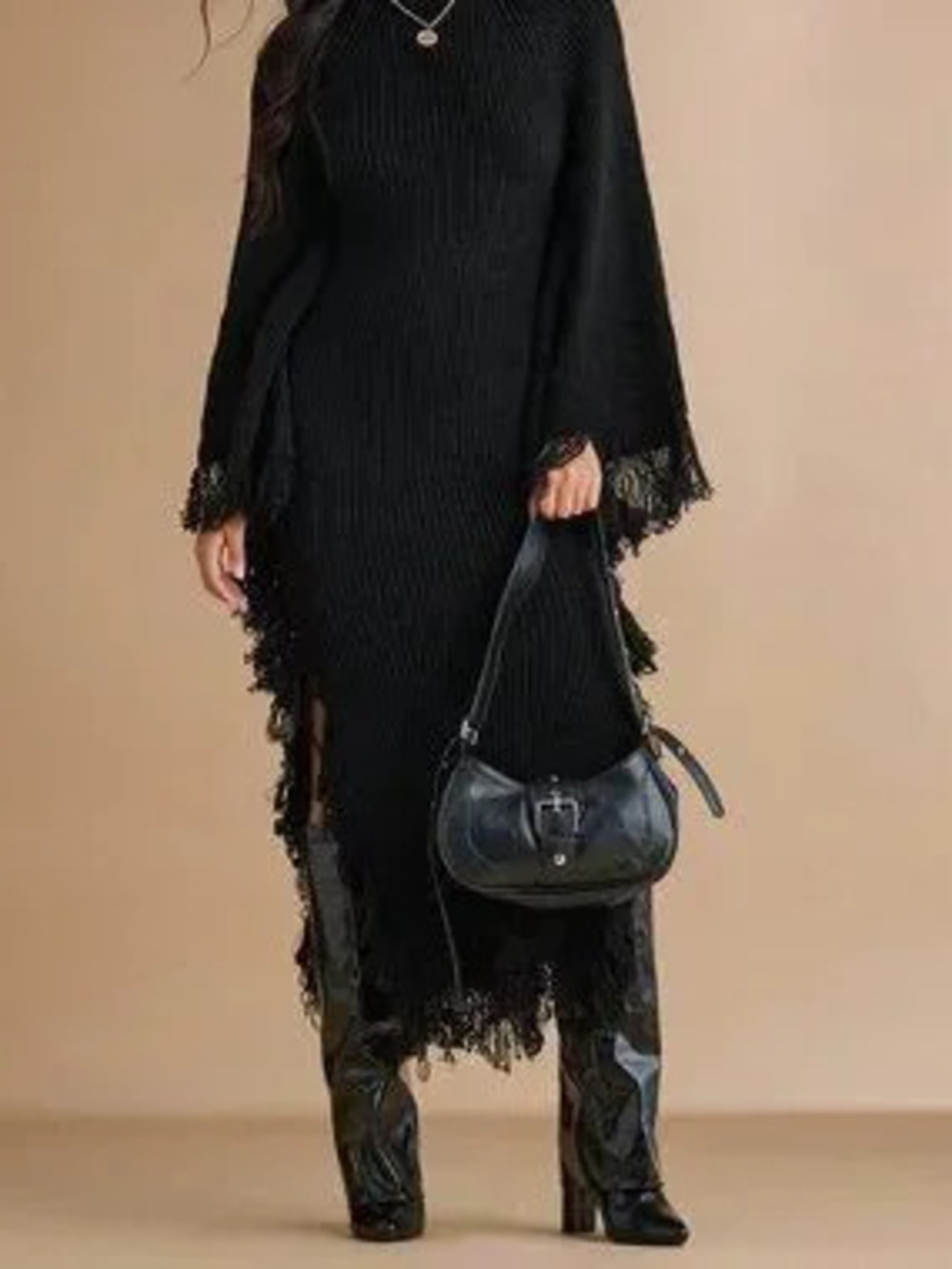 Black Casual Women's Turtleneck Fringe Cuff Fitted Knit Dress